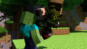 兩個Minecraft角色在像素化森林環境中戰鬥。