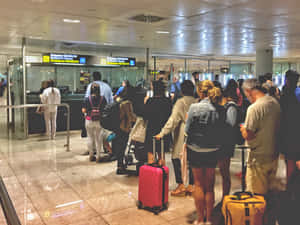 一群旅客帶著行李箱在機場辦理登機手續的隊伍中等待。