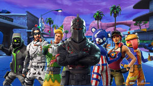 Fortnite角色穿著色彩繽紛的服裝在風格化的城市場景中擺姿勢。