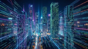 夜晚城市，帶有發光電路圖案和漂浮的數字代碼流。