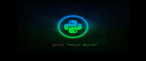 Python程式設計標誌，print Hello World文字以綠色和藍色發光。