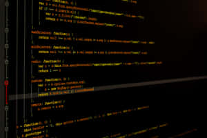 發光綠色 JavaScript 程式碼在黑暗螢幕上滾動，帶有標尺線。 — 程式碼 壁紙