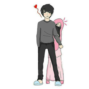 動漫男孩與一個戴粉紅色頭巾的女孩躲在他身後，頭頂上漂浮著一顆心。 — 卡通 壁紙