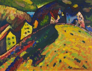 瓦西里·康定斯基創作的《穆爾瑙的房屋》，1909年，紙板油畫。下載這幅藝術作品作為桌面、平板或手機的高解像度壁紙。