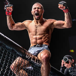 MMA拳手跳上八角籠，高舉拳頭慶祝勝利。