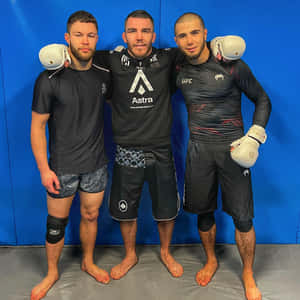 三名男性MMA拳手身穿訓練裝備在墊子上一起擺姿勢。 — 搏擊會 GIF 壁紙