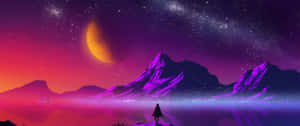 一個人站在懸崖上，在繁星點點的天空下看著發光的山脈，還有一個大月亮。