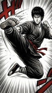 漫畫角色身穿黑色道服和紅色腰帶，以動作線條和音效執行高踢。