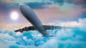 一架商用飛機在雲層上方高飛，陽光燦爛。 — 天空景觀 壁紙