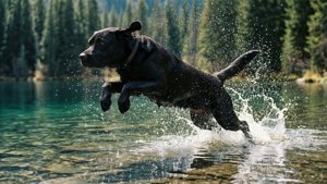 黑色拉布拉多犬跳入湖中，背景為森林
