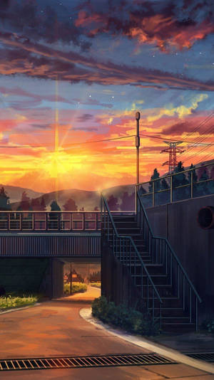 夕陽下的火車橋，天空呈現鮮豔的橙色和紫色