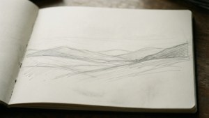 打開的素描本，內有鉛筆畫的山丘，畫在有紋理的紙上，置於木質表面。