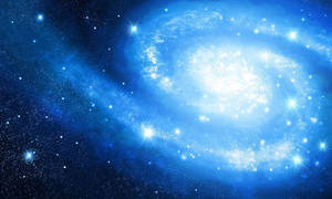 一個明亮的藍色螺旋星系，充滿了深空中閃爍的星星。