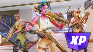 三個Fortnite角色在現代室內環境中手持發光武器。 — 空軍 壁紙