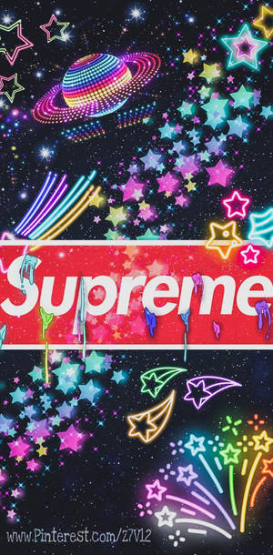 霓虹星星和彩虹行星在太空中圍繞著滴落的Supreme標誌運行。