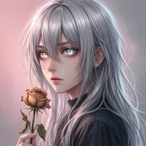 銀髮動漫女孩手持枯萎的玫瑰，眼睛發光，背景是粉紅色。