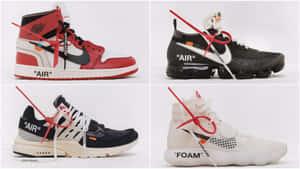 四對Off-White x Nike運動鞋，帶有紅色綁帶和粗體文字，置於白色背景上。 — 鞋子 壁紙