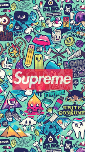 青綠色背景上色彩繽紛的卡通圖標和文字，包括Supreme標誌。