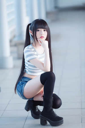一位紮辮子的年輕女性穿著休閒服蹲在瓷磚地板上。 — 可愛動漫女仔 壁紙