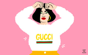 穿著Gucci毛衣的女性在粉色背景上整理頭髮