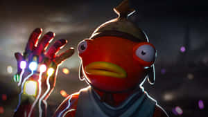 卡通魚角色喺黑暗環境中手持發光無限手套。 — Fortnite 造型 壁紙