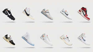 十雙漂浮的Nike x Off White運動鞋，顏色和款式各異。 — 鞋子 壁紙