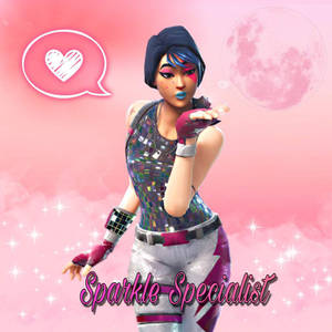 一個穿著閃亮服裝的Fortnite角色在粉紅色月亮下吹吻。