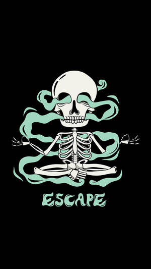 一個冥想姿勢的骷髏，帶有藍綠色煙霧，文字顯示escape。
