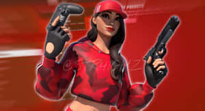 女玩家角色穿著紅色迷彩服裝，拿著控制器和手槍。 — Fortnite 造型 壁紙