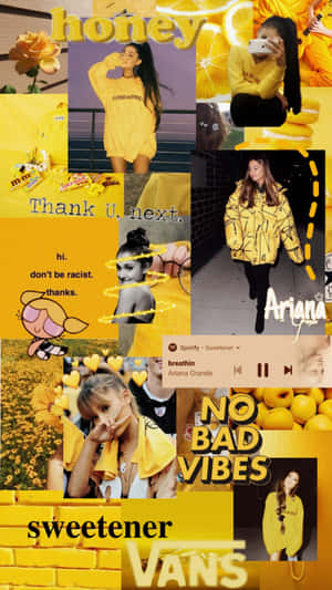 Ariana Grande 的黃色主題拼貼畫，帶有蜂蜜圖案和專輯參考。