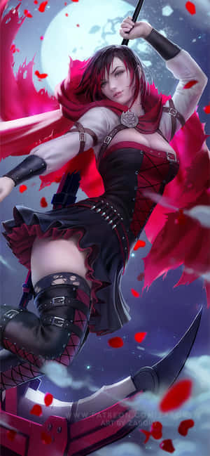 紅髮披風的動漫女戰士，在滿月下揮舞鐮刀。 — ROG Phone 9 Pro 壁紙