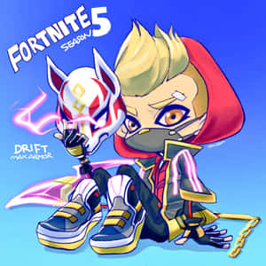 Q版Fortnite角色，戴著狐狸面具和發光盔甲，背景為藍色。