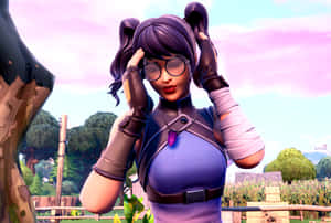 擁有紫色孖辮和眼鏡的Fortnite角色在戶外整理頭髮。