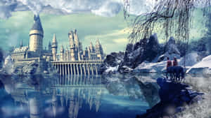 兩個人騎在馬上，看著倒映在水中、被雪包圍的城堡。