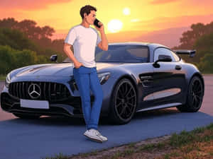 年輕男子在日落時分在黑色Mercedes AMG GT旁講電話 — 藍色 壁紙