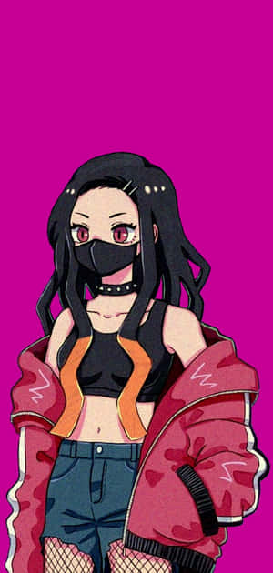 動漫女孩穿紅色外套戴口罩，粉紅背景 — 鬼滅之刃 壁紙