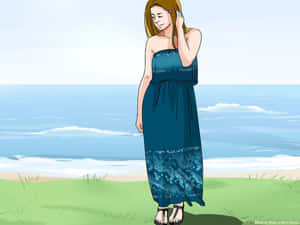 身穿藍色長裙嘅女士企喺海邊草地上 — 夏日風格 壁紙