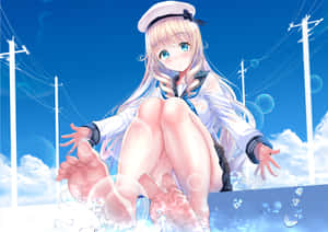 動漫女孩穿著水手服，赤腳坐在水中，氣泡漂浮。