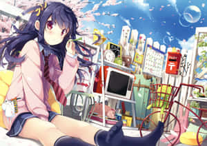 動畫女學生穿著校服，坐在一個色彩繽紛雜亂的庭院中，有櫻花。 — 動漫女孩 壁紙