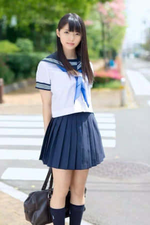 一位穿著水手服的日本女學生站在有櫻花的街道上。