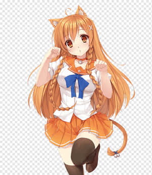 穿著水手服的動漫貓娘，橙色頭髮和藍色蝴蝶結，開心地擺姿勢。