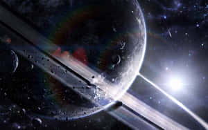 一顆帶有彩虹光環的環狀行星在佈滿星星的太空中，在明亮的太陽下閃耀。