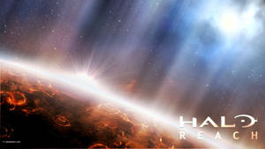 Halo Reach中火山外星行星上的黎明，帶有發光的太陽光線。