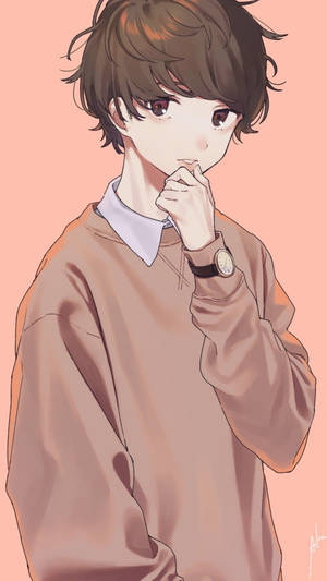 穿著棕色毛衣的動漫男孩在桃色背景下手托下巴思考