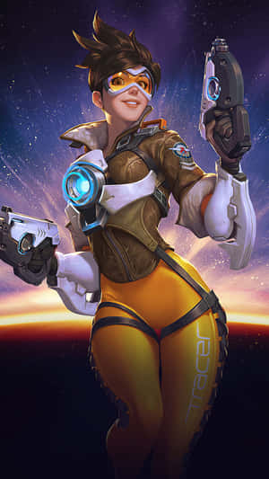 遊戲英雄 Tracer 穿著未來裝備，在宇宙行星地平線前手持兩把手槍。