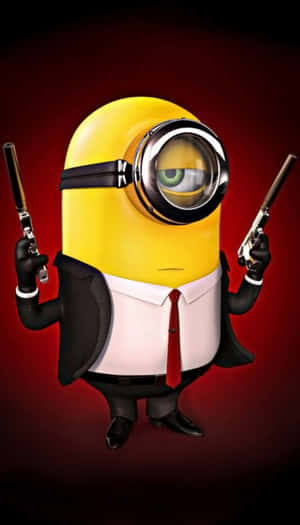 一個穿著西裝的黃色卡通Minion在紅色背景上拿著兩把手槍。