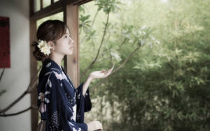 穿著傳統和服的女子望向竹框窗外