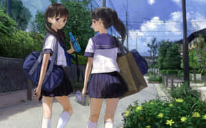 兩個動漫女學生在陽光明媚的街道上行走，帶著袋子和一個水樽。 — 動漫女孩 壁紙