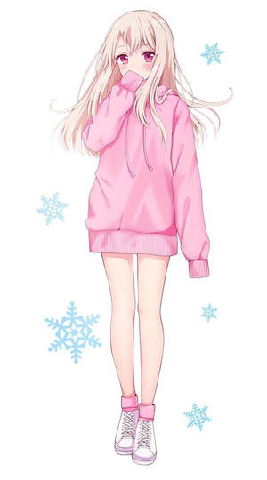 動漫女孩穿著粉紅色連帽衫和運動鞋，雪花在她周圍飄浮。 — 粉紅動漫美學 壁紙