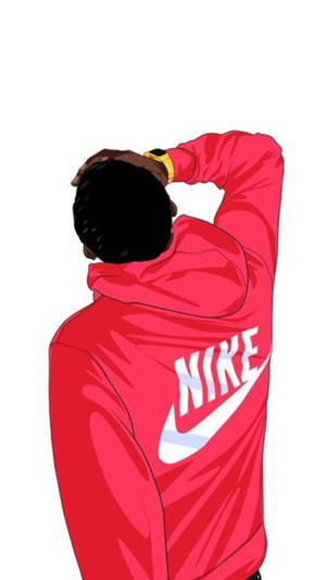穿著紅色Nike連帽衫的人，手放在頭上，從背後觀看。